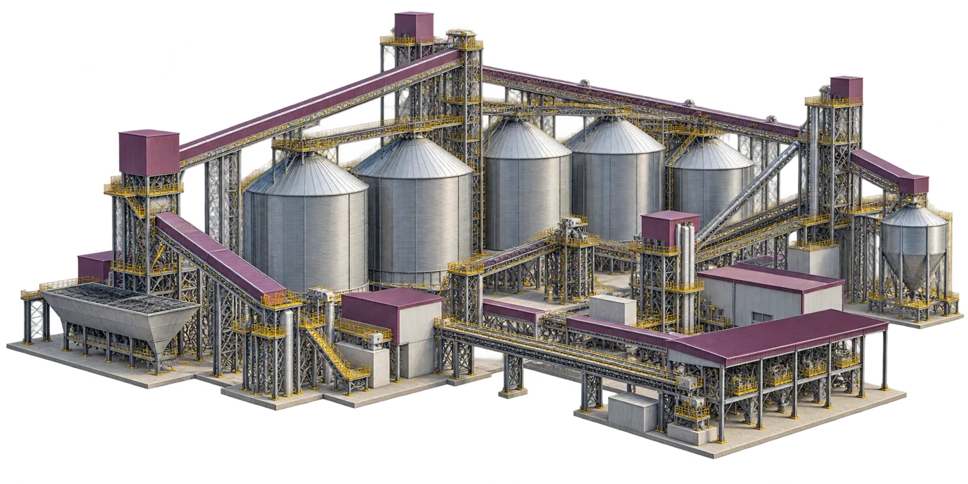3D model of a bulk material handling plant with silos and conveyors