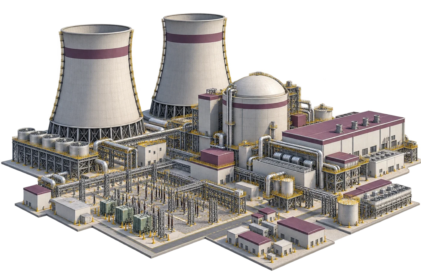 3D model of a nuclear power plant with reactor building and cooling towers