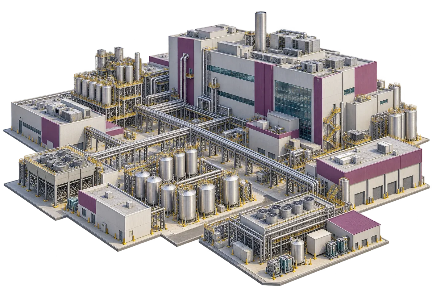 3D model of a pharmaceutical plant with process vessels and piping