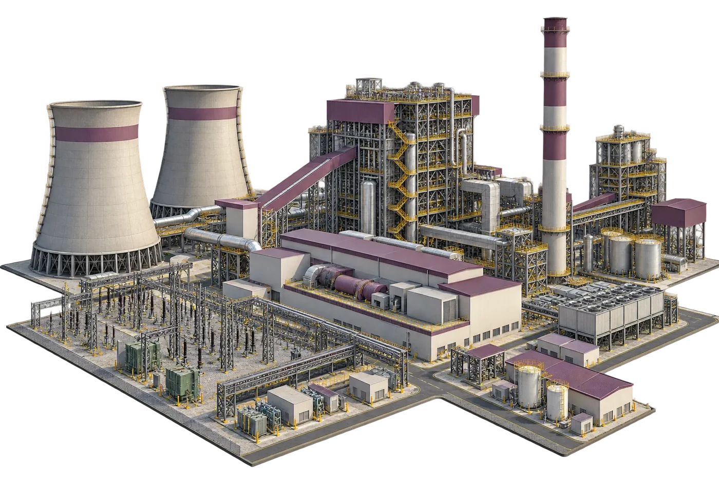 3D model of a power plant with cooling towers, boiler house and switchyard