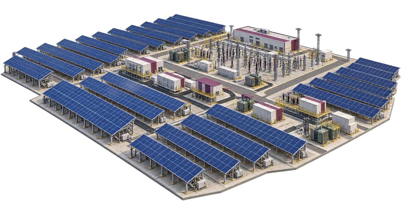 3D model of a solar power plant with panel arrays and electrical switchyard